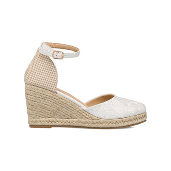 Sandali da donna bianchi con zeppa 8,5 cm e dettaglio ricamato Lora Ferres, Donna, SKU w043000854, Immagine 0